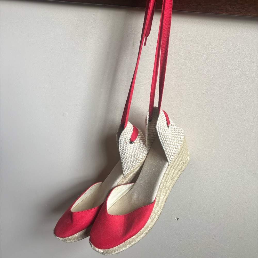 Red Linen Soludos Espadrille Wedge